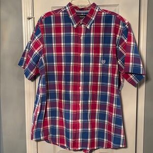 Chaps Short Sleeve Button Down Blue & Red Plaid Shirt